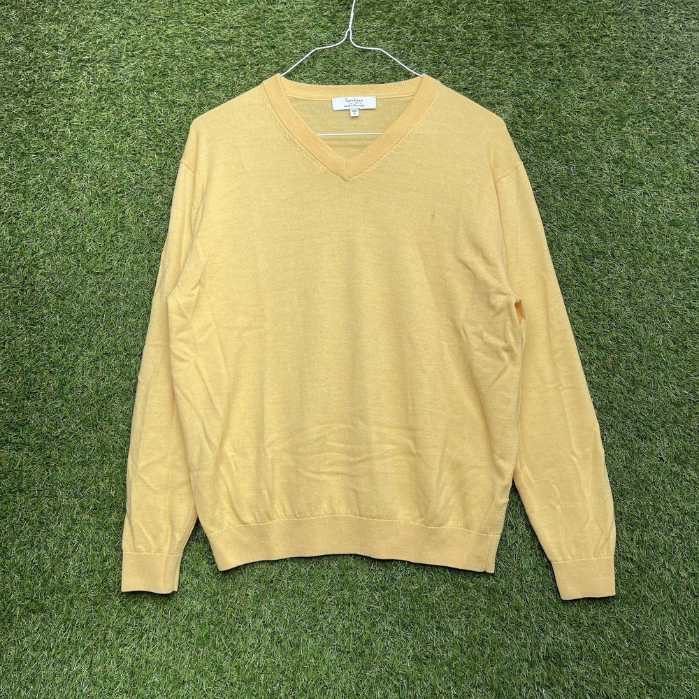 Turnbury Sweater Mens Large 100% Extra Fine Merino Wool V-Neck Yellow Preppy